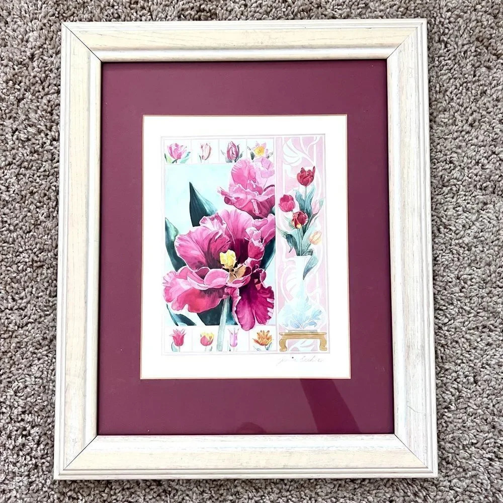Vintage Gloria Eriksen Signed Floral Pink Red Water-colour Framed Art